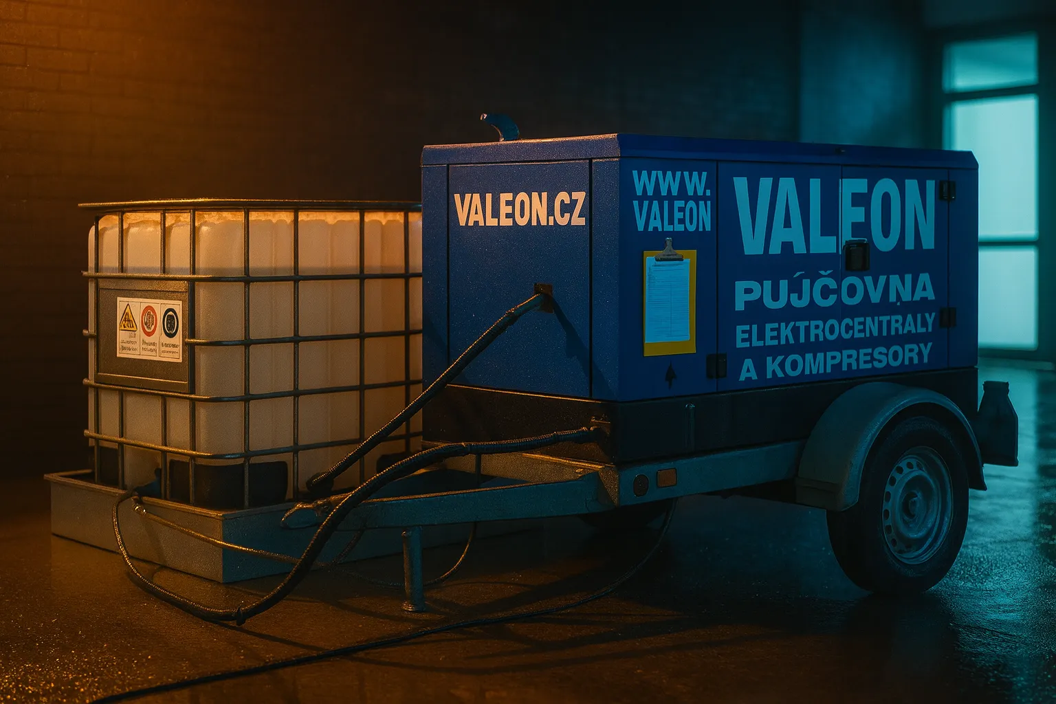 Dieselová elektrocentrála s externí nádobou na naftu – mobilní záložní zdroj energie k pronájmu od půjčovny elektrocentrál Valeon.