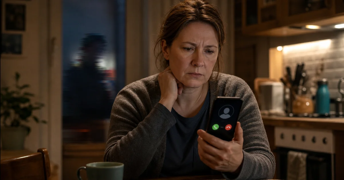 Žena u kuchyňského stolu se znepokojeně dívá na telefon s příchozím hovorem