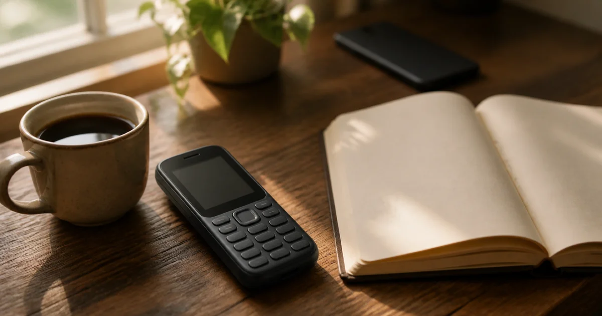 Klasický tlačítkový telefon, šálek kávy a otevřená kniha na dřevěném stole u okna – symbol digitálního detoxu.